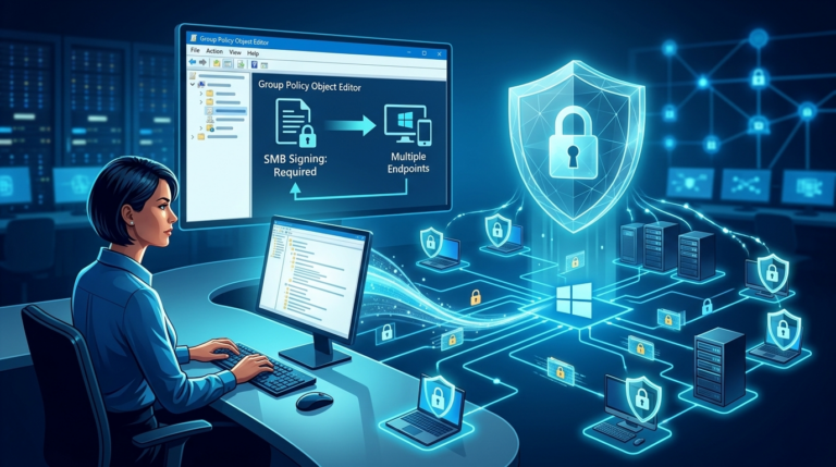 Featured image for enabling SMB signing through Group Policy in Active Directory.