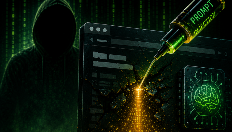 Featured image showing a prompt injection metaphor where a syringe labeled prompt injection pierces an AI interface, representing malicious instruction tampering in AI applications.