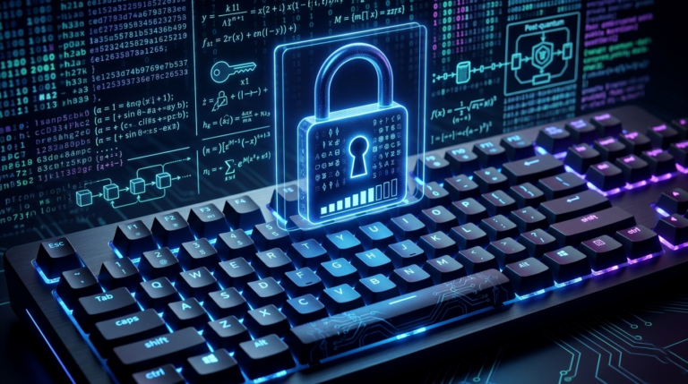 Neon padlock over a keyboard representing strong passwords, entropy, and post-quantum readiness