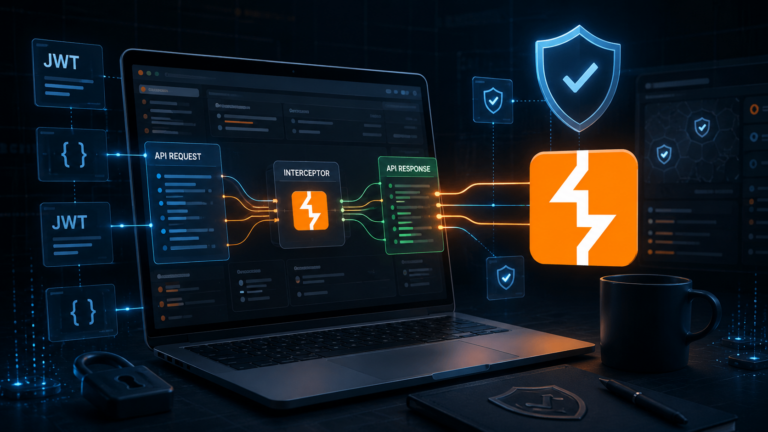 Featured image showing Burp Suite-style API request and response analysis with JWT elements, an interceptor workflow, and security validation concepts for API AppSec.