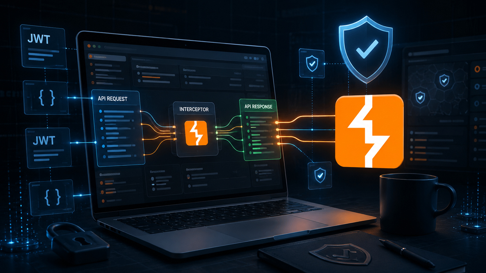 Featured image showing Burp Suite-style API request and response analysis with JWT elements, an interceptor workflow, and security validation concepts for API AppSec.
