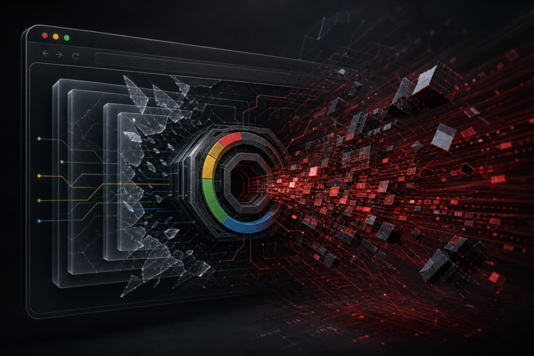 Imagem de destaque sobre CVE-2026-11645 no Chrome/V8 com metáfora visual de sandbox quebrado e fragmentação de memória