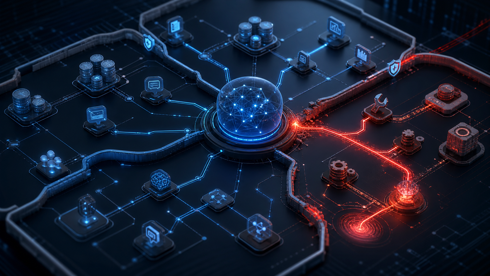 Editorial illustration of enterprise AI attack chains showing a central AI control node, trust boundaries, and a red malicious path reaching tools and data layers.