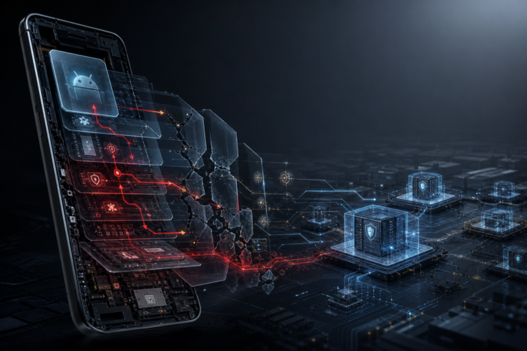 Editorial illustration of Android mobile app security hardening, showing a fractured trust boundary between a mobile client, runtime instrumentation paths, and backend validation layers.