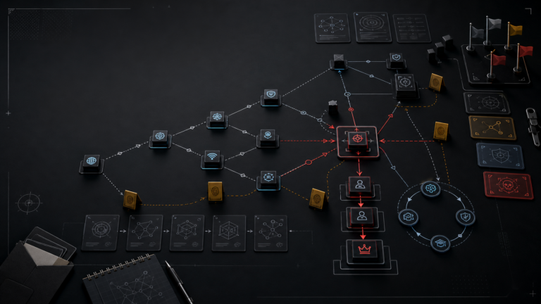 Visual map of a pentest lab with attack paths, evidence, and isolated machines for ethical hacking training.