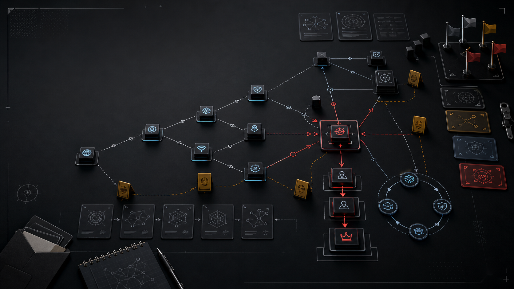 Visual map of a pentest lab with attack paths, evidence, and isolated machines for ethical hacking training.