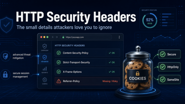 HTTP Security Headers featured image showing a browser security panel and cookie protections Secure, HttpOnly, and SameSite