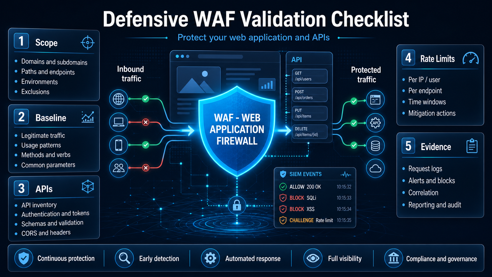 Defensive WAF validation checklist infographic for AppSec and Blue Teams showing scope, baseline, APIs, rate limits, evidence, and SIEM events