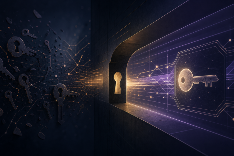 Abstract illustration of a safe OpenSSH 9.9 to 10.3 upgrade with SSH keys and a protected access tunnel.