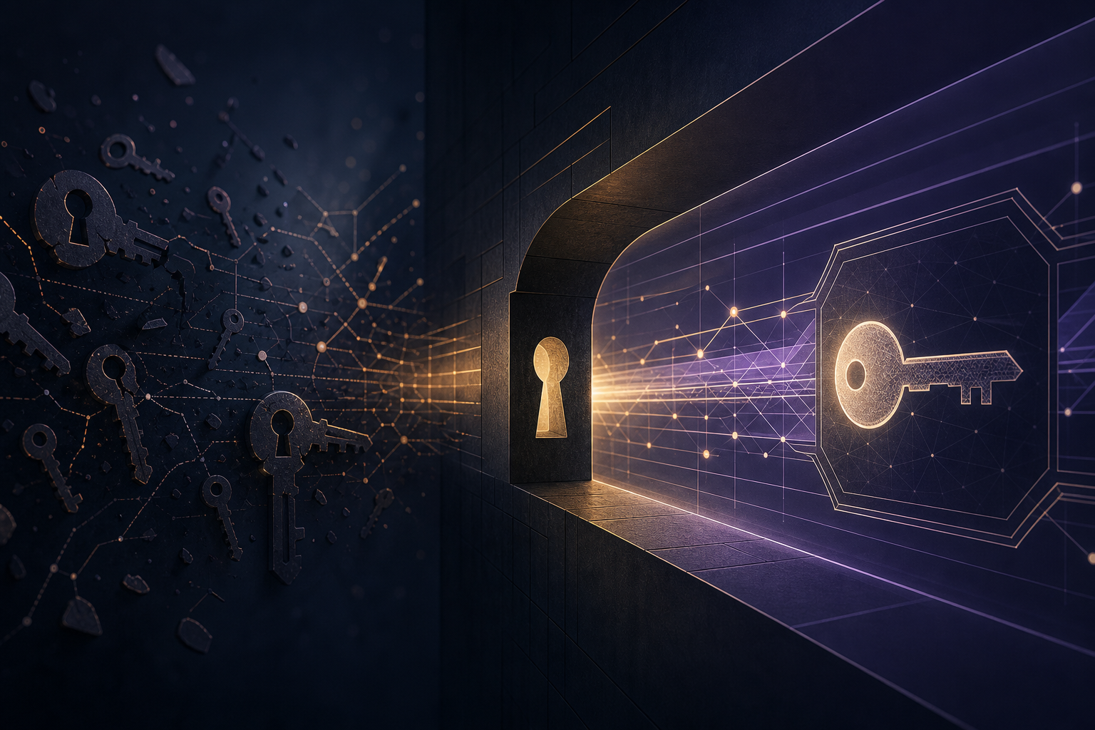 Abstract illustration of a safe OpenSSH 9.9 to 10.3 upgrade with SSH keys and a protected access tunnel.