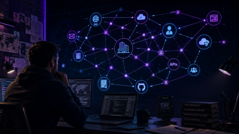 Featured image of an analyst reviewing a graph of corporate exposure, DNS, cloud, identity, APIs, and interconnected trust relationships for OSINT-driven Red Team analysis.