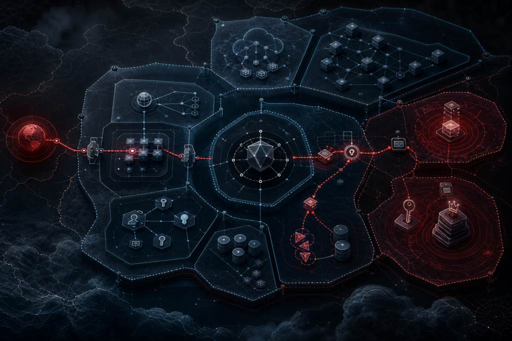 Featured image about advanced threat modeling with trust boundaries, identities, and attack chains in an offensive security context.