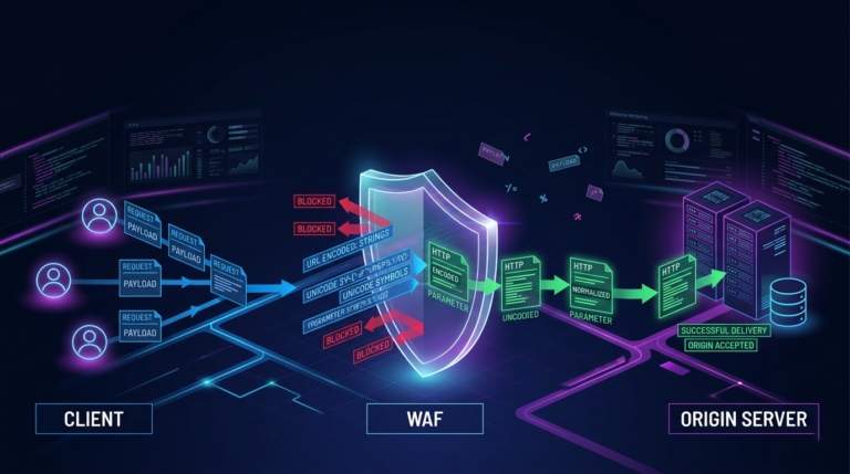 WAF bypass traffic flow and normalization gap diagram