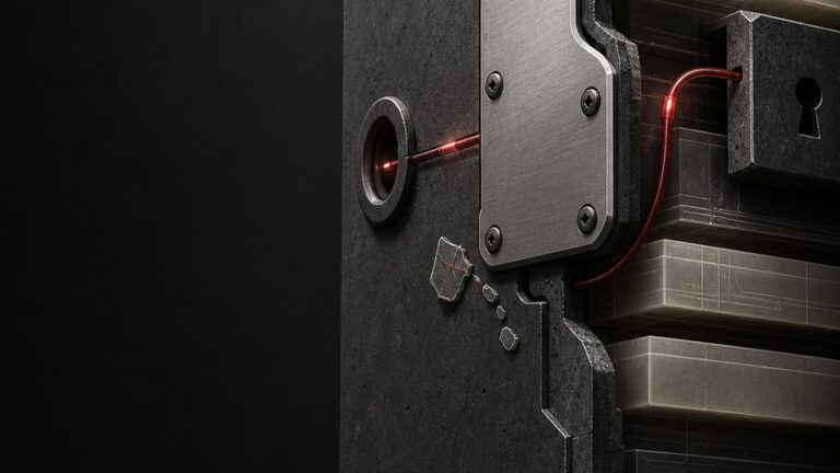 Abstract cutaway showing a red path bypassing a metal security patch to reach protected filesystem layers