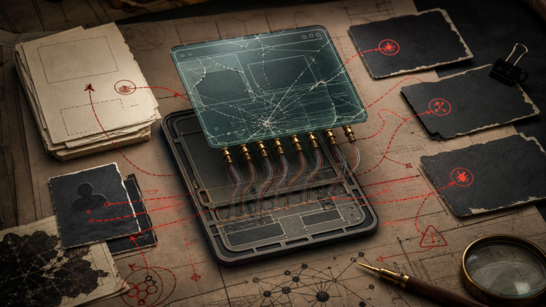 Forensic editorial illustration of a cracked Android WebView panel, exposed JavaScript-to-native bridge, origin cards, and red security annotations.