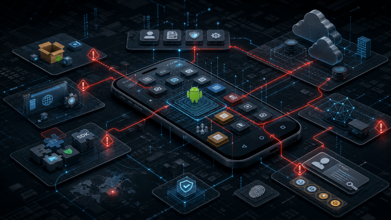 Editorial attack-surface map of the Android mobile ecosystem with app, API, identity, SDK, WebView, and attestation trust boundaries.