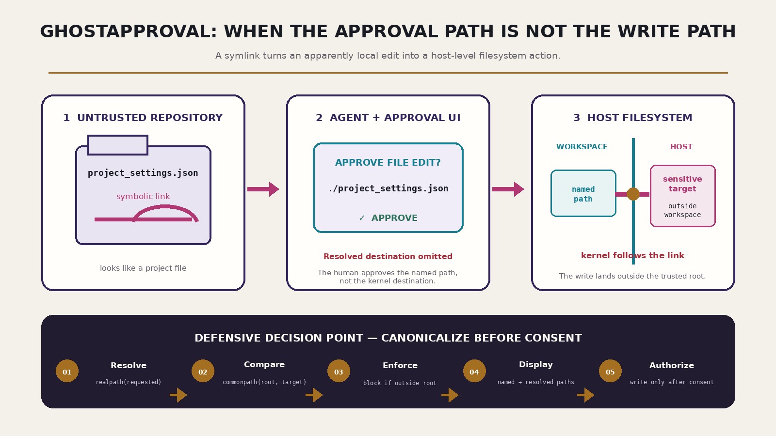 GhostApproval attack flow showing an untrusted repository symlink, an approval dialog that displays only the named path, a write to a sensitive host target outside the workspace, and a canonical-path enforcement sequence.