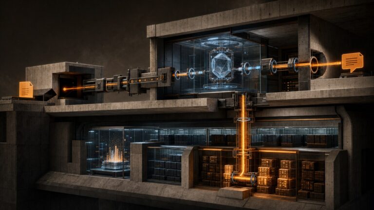 Architectural cutaway showing a public issue entering an agentic CI chamber, crossing into a private repository archive, and leaving through a public comment channel.