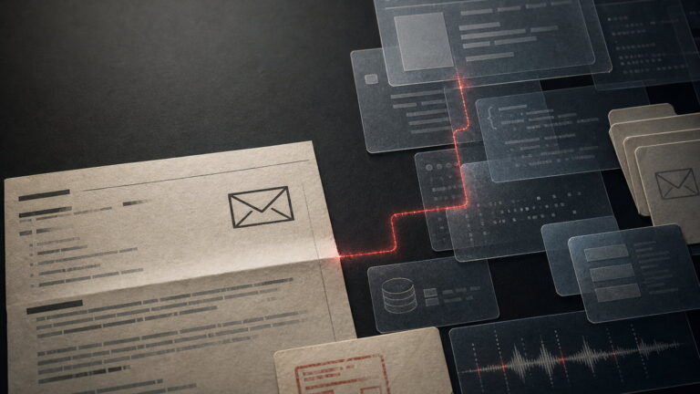 Forensic editorial scene showing a benign email feeding a crimson execution path into browser storage, mailbox folders, and network telemetry.