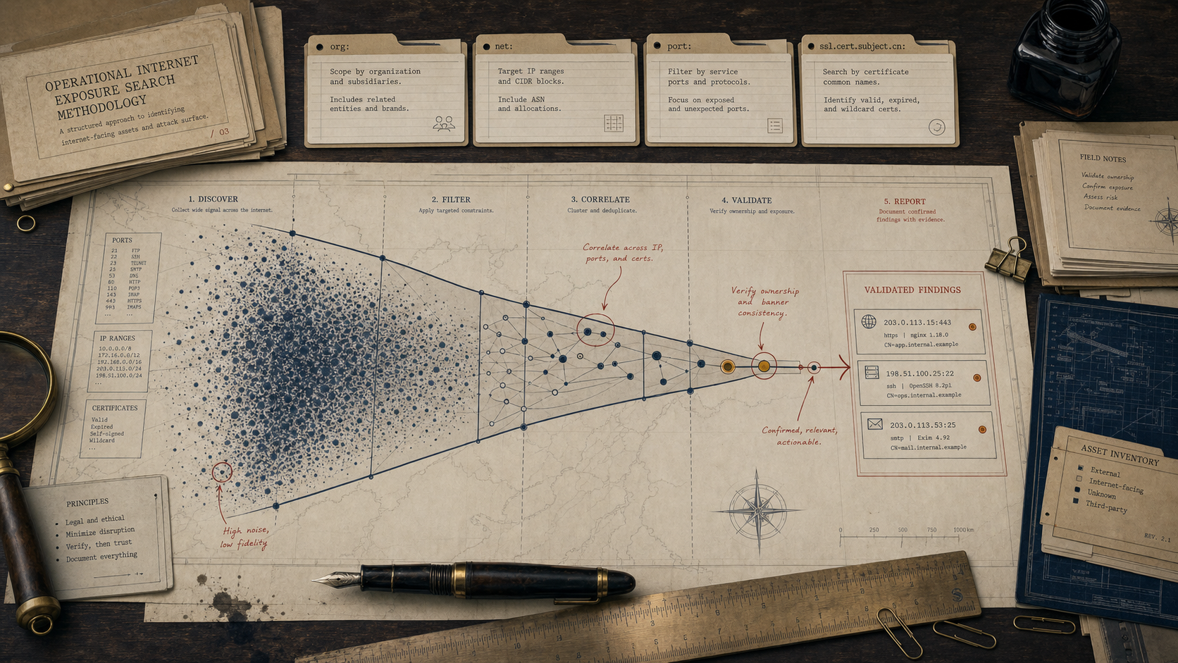 Editorial illustration showing Shodan filters narrowing noisy internet scan data into validated exposure findings.