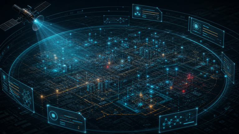 Featured illustration of an orbital reconnaissance radar mapping exposed internet services for a Shodan.io article.
