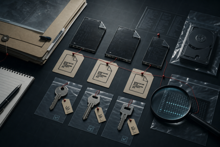 Forensic incident response desk with encrypted file evidence, verified decryption keys, and a cautious recovery path.