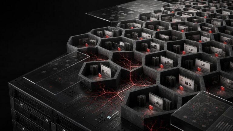 Abstract shared-hosting server divided into many tenant cells with a red compromise path reaching multiple websites