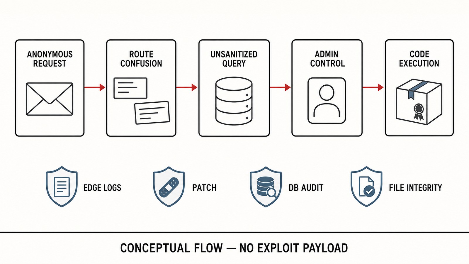 Conceptual wp2shell attack flow from an anonymous request through route confusion and an unsanitized query to administrator control and code execution, with edge logging, patching, database audit, and file-integrity controls.