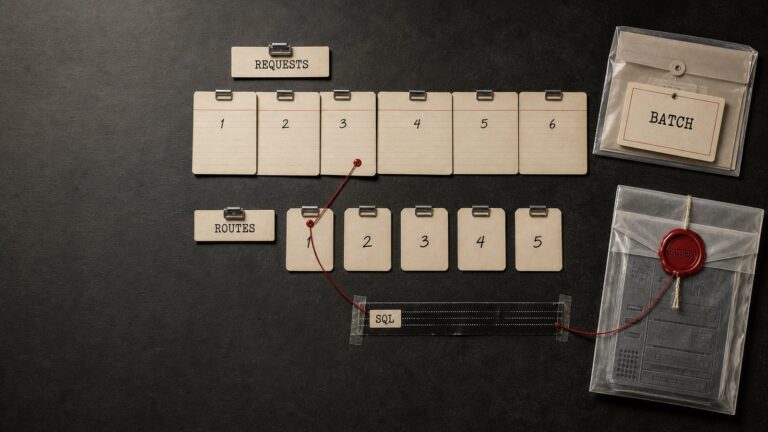 Top-down forensic evidence board showing WordPress batch requests and route cards shifted out of alignment, with a red path leading through SQL to a patched server package.