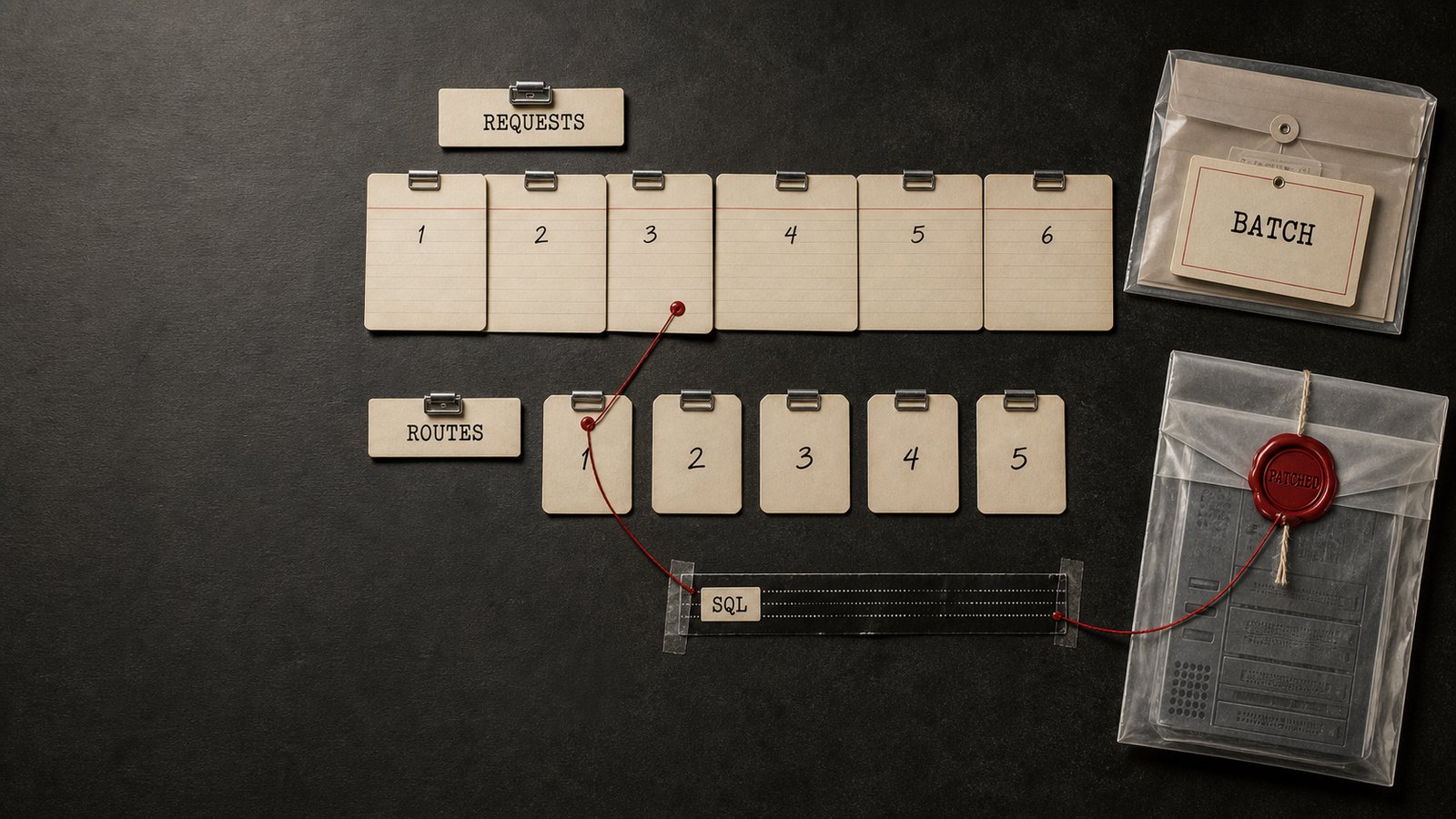 Top-down forensic evidence board showing WordPress batch requests and route cards shifted out of alignment, with a red path leading through SQL to a patched server package.