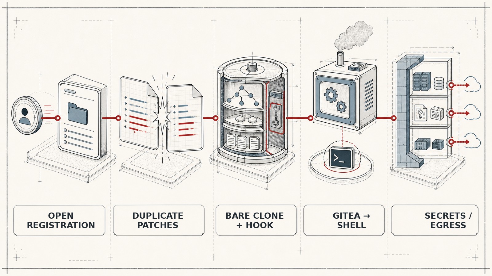 Five-stage attack flow from Gitea account creation and duplicate diffpatch requests to Git hook execution, service shell access, and secrets exposure
