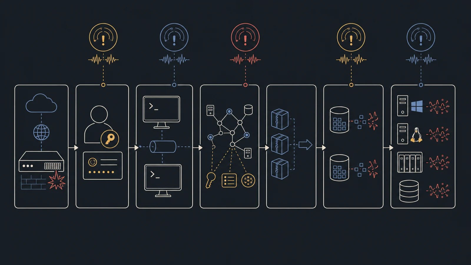 Gunra ransomware attack chain from VPN compromise through remote access, exfiltration, backup destruction, and offline encryption.