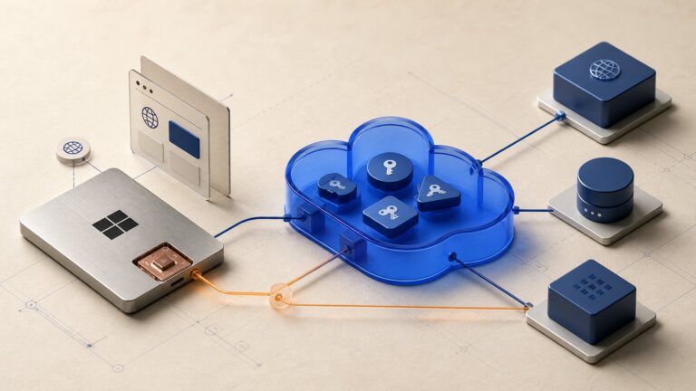 Isometric authentication trust chain showing a Windows endpoint, cloud passkey enclave, and a diverted device-trust path.