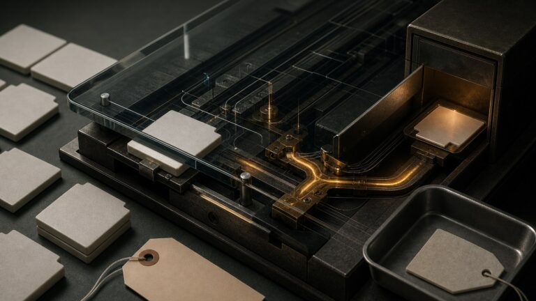 Forensic scanner plate redirecting a file tile through a hidden brass path into a privileged system chamber.