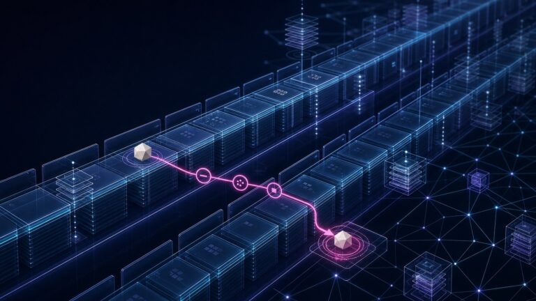 Abstract database identity lattice showing a JSON Patch path moving an identity token from one protected record lane to another.