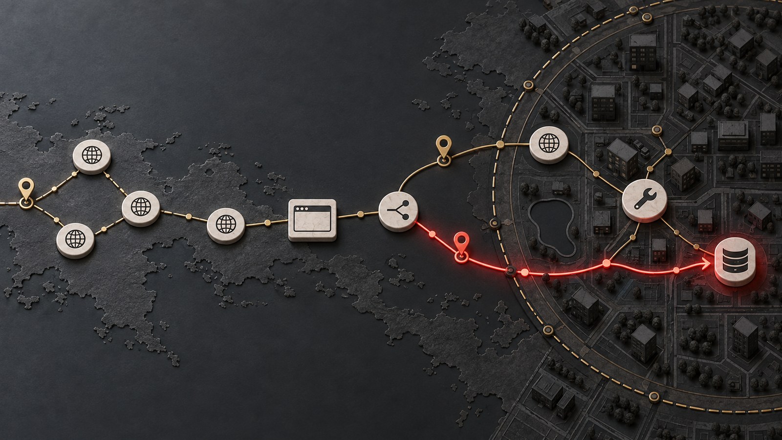 Cartographic attack-surface map showing one hostname route changing from a public web server to a local MCP database endpoint.