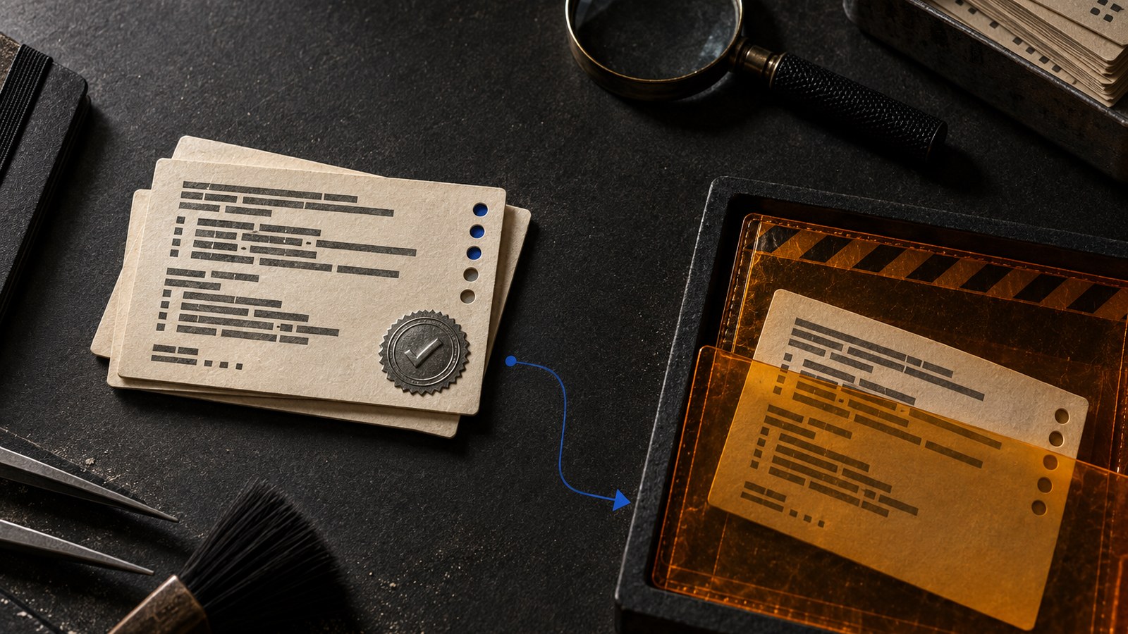 Forensic review desk showing a verified template card and an unsigned card diverted into an amber quarantine tray.