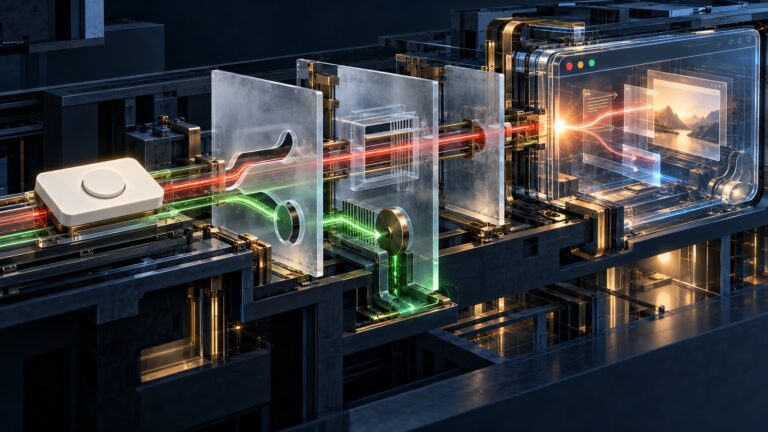 Architectural cutaway of an agent-generated button sending an unsafe red path through validation layers toward a browser window while a green path is constrained.