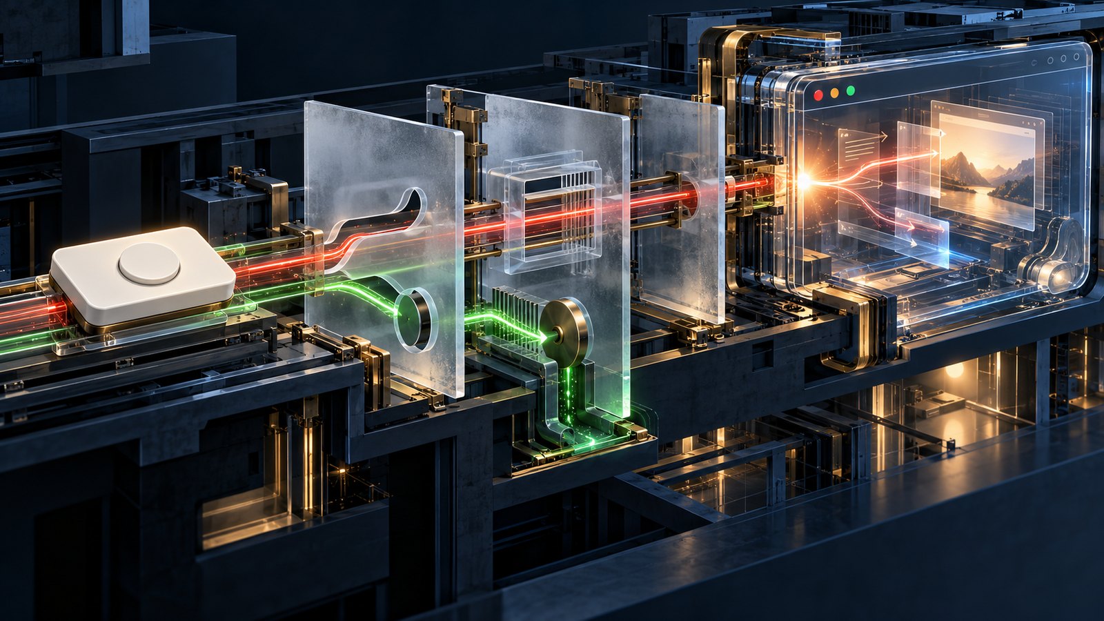 Architectural cutaway of an agent-generated button sending an unsafe red path through validation layers toward a browser window while a green path is constrained.