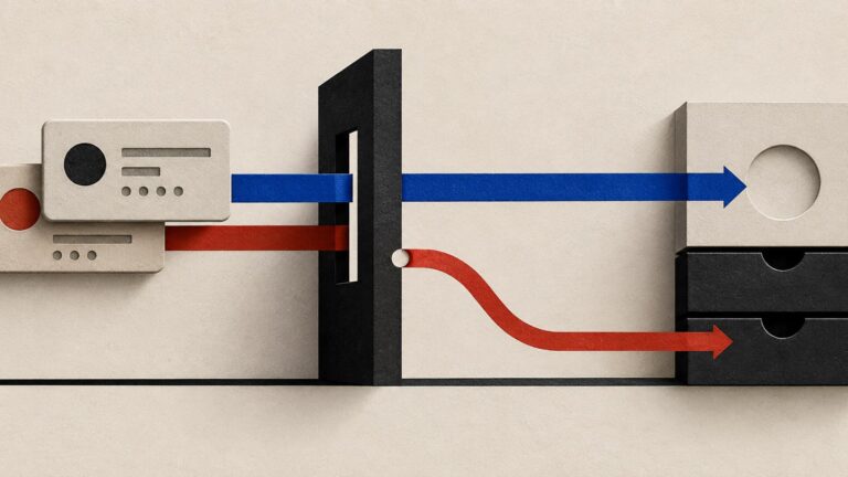 Two abstract identity cards cross one authorization gate while a hidden red path reaches a different data archive.