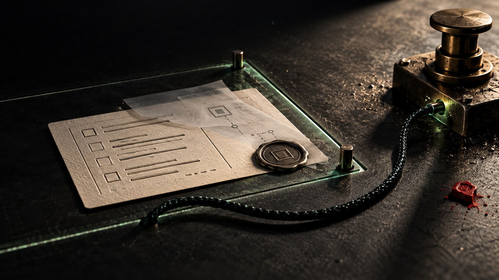 Forensic security policy card bypassed by a capability wire leading to a brass execution control.